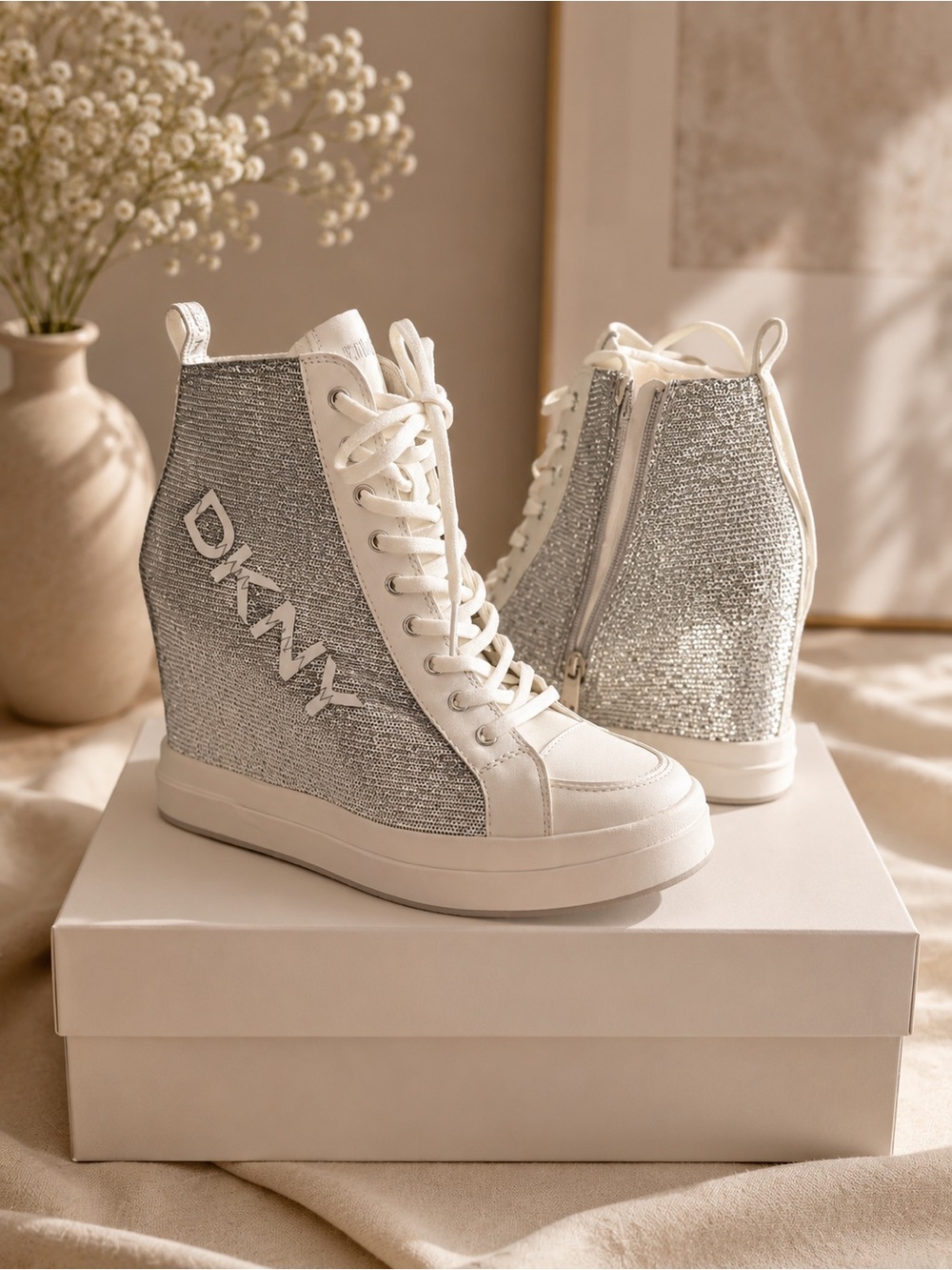 DKNY Silver Glitter Wedge Sneakers ✨